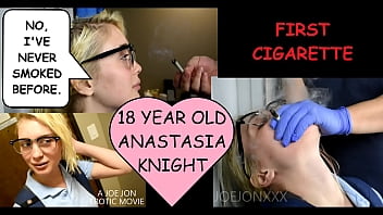 Eighteen year old blonde Anastasia Knight tries smoking with a creepy older man Joe Jon and coughs intensely